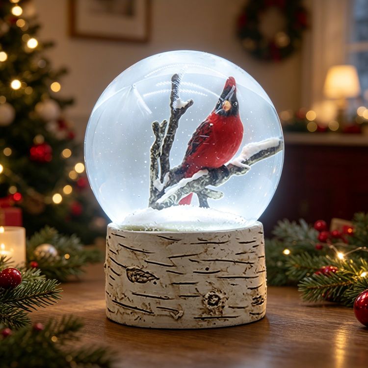 Cardinal Snow Globe With Birch Base