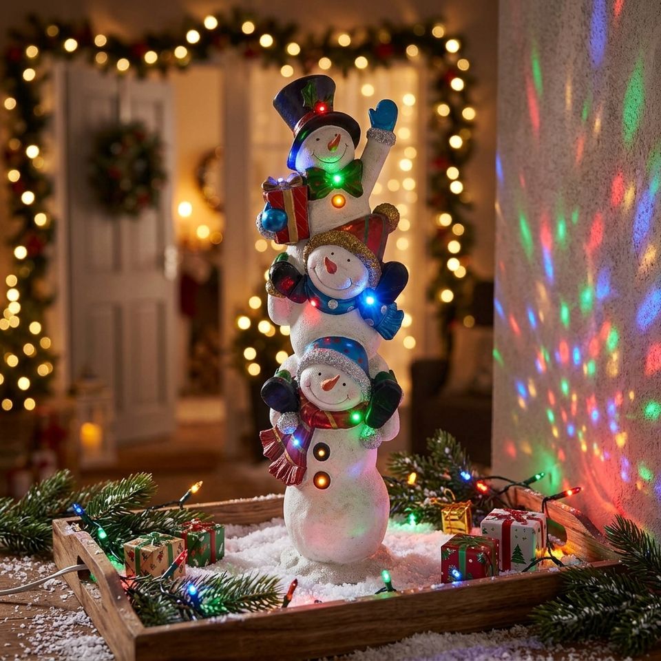 Lighted Stacked Snowman Statue