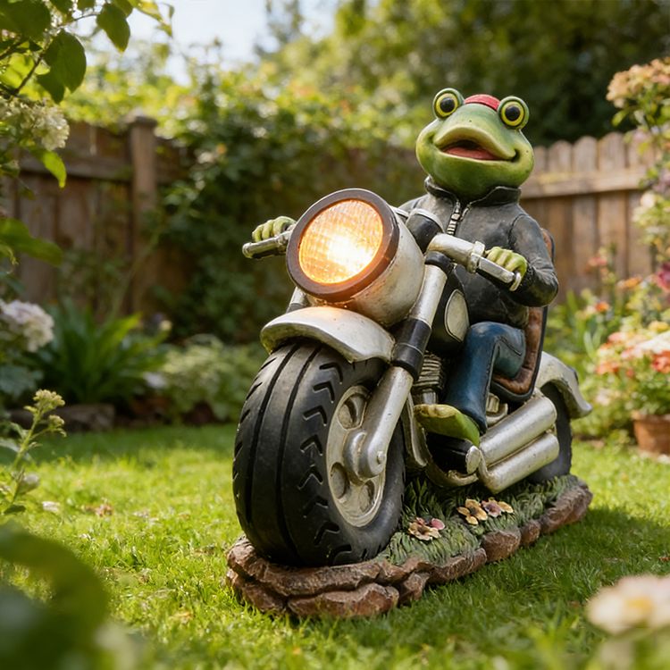 Motorcycle Frog Solar Garden Statue