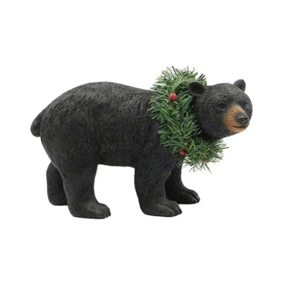 Black Bear Figurine with Holiday Wreath