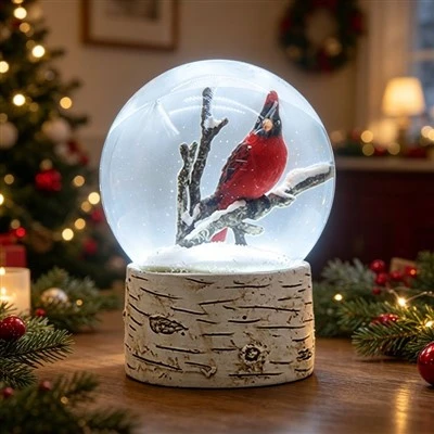 Cardinal Snow Globe with Birch Base