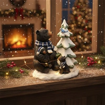 Christmas Black Bear Family with Tree