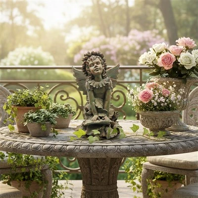 Flower Fairy Sitting On Leaf Statue