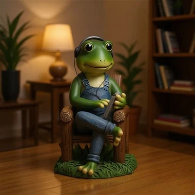 Frog with Headphones Sitting On Chair